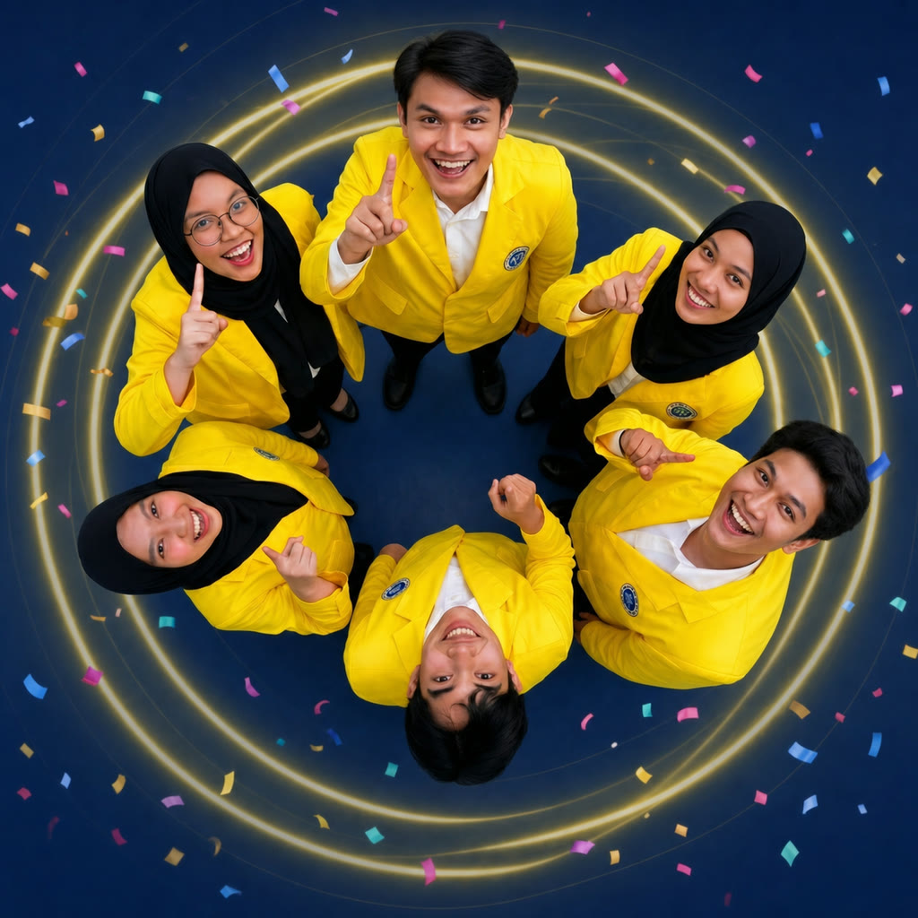 Enam mahasiswa Politeknik Praktisi Bandung mengenakan jas almamater kuning berfoto bersama