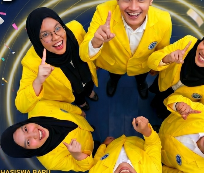 Mahasiswa Politeknik Praktisi Bandung mengenakan jas almamater kuning berfoto bersama